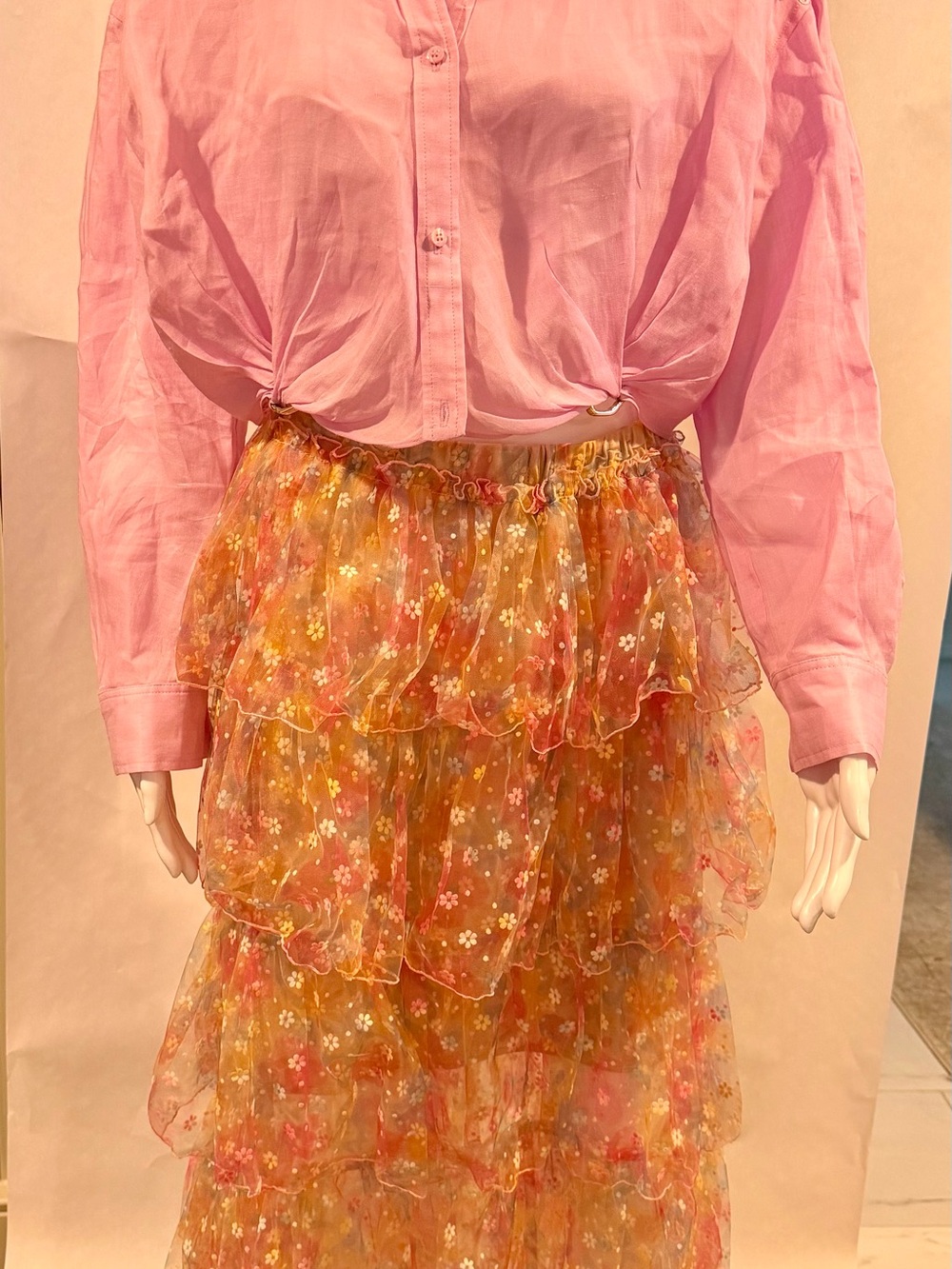 Maje Paris pink, Lynn, shirt and floral tiered mesh skirt set